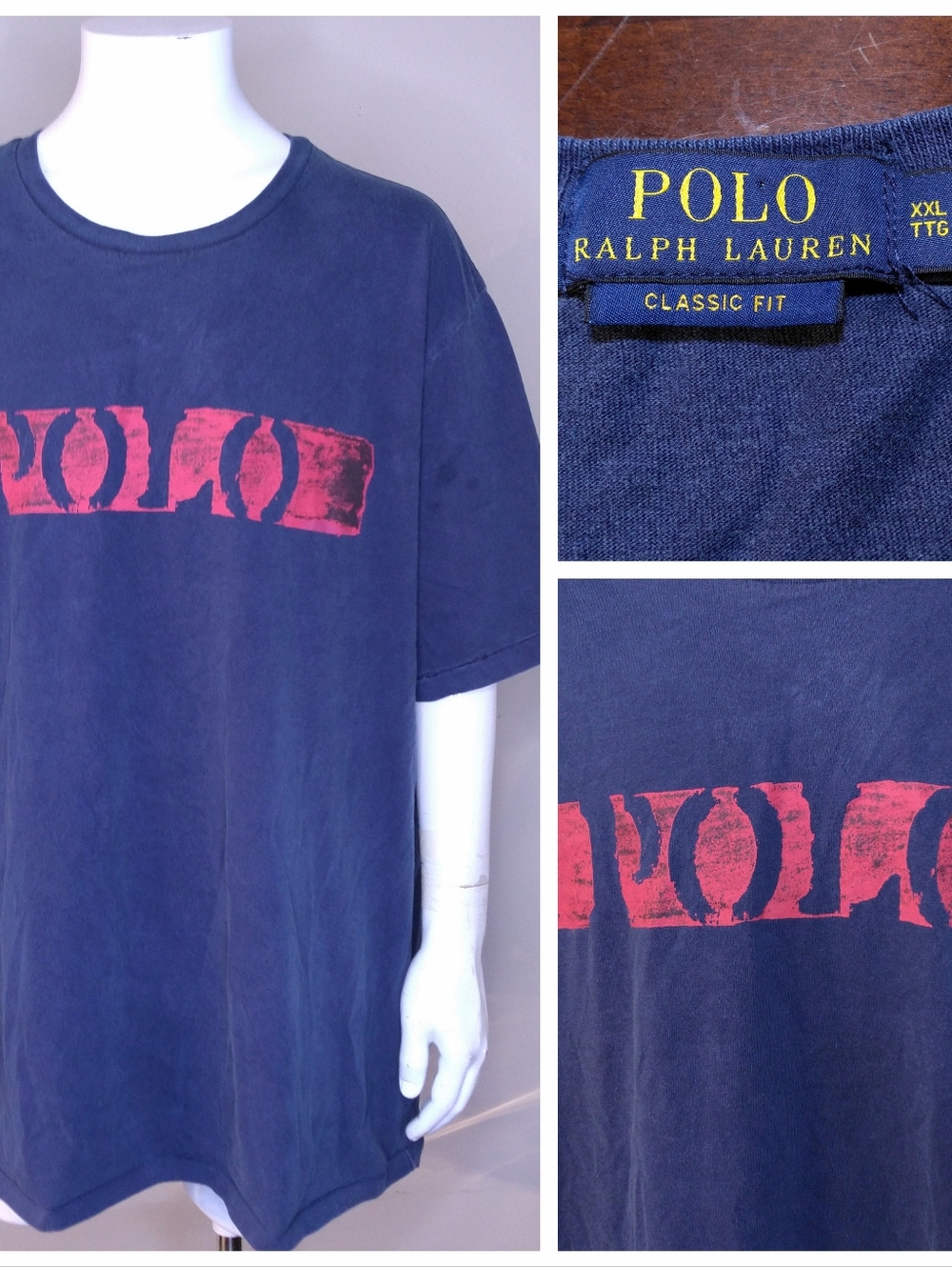 POLO RALPH LAUREN T Shirt XXL Blue Red SPELLOUT Logo 2XL MENS Crew Neck SS RLYC